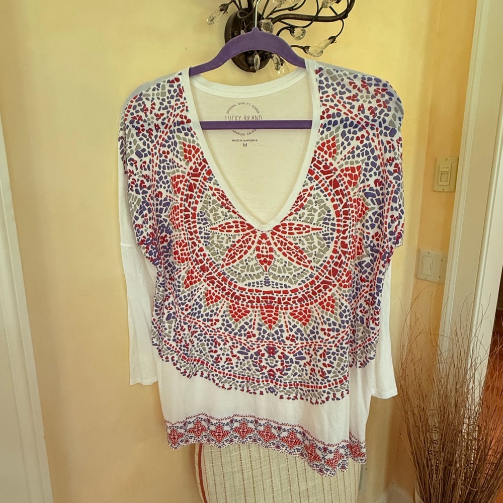 Lucky Brand Relaxed Fit White, Red, and Purple 3/4 Sleeve Cotton Tee Size Medium